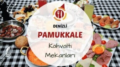 Pamukkale traverten manzaralı bir restoranda serpme kahvaltı sofrası