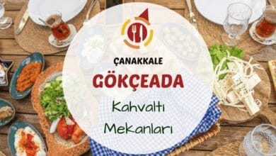 Kaleköy'de begonvillerle çevrili avluda serpme kahvaltı masası ve Gökçeada manzarası