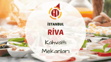 Riva'da nehir kenarında ağaçların altında serpme kahvaltı sofrası ve çay bardakları