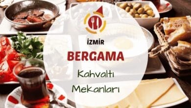 İzmir Bergama kahvaltı mekanlarını gösteren tarihi dokuya sahip taş avluda kurulmuş serpme kahvaltı masası görseli