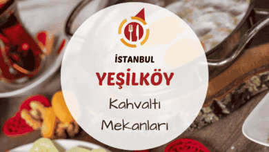 Yeşilköy sahil kenarında serpme kahvaltı tabağı ve çay bardakları
